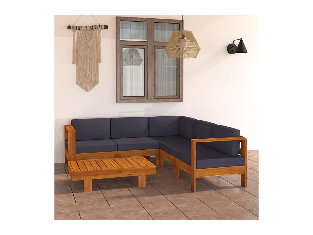 Salon de jardin 6 pièces avec coussins gris foncé Bois d'acacia