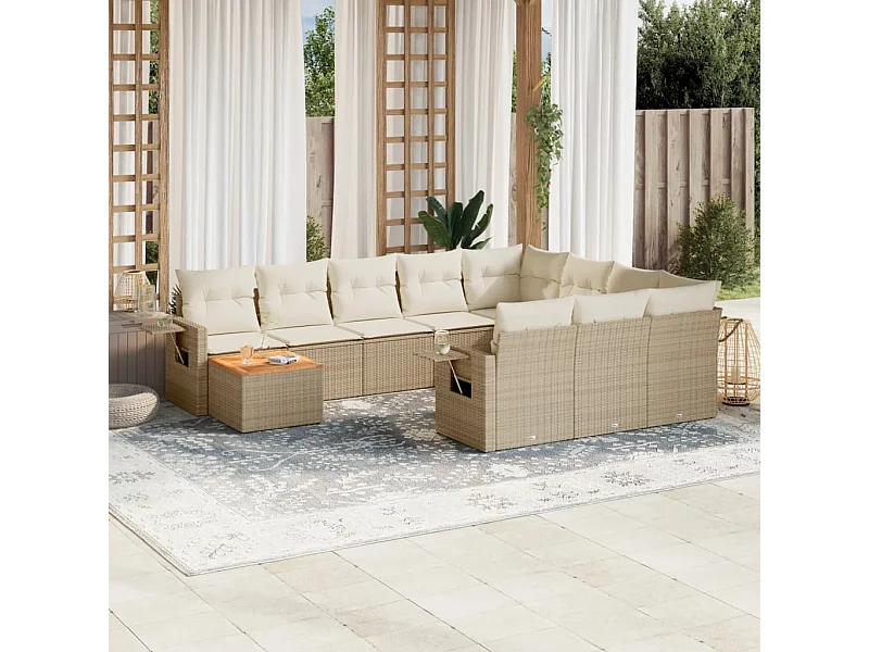 Set de sofás de jardín 11piezas con cojines ratán sintético beige