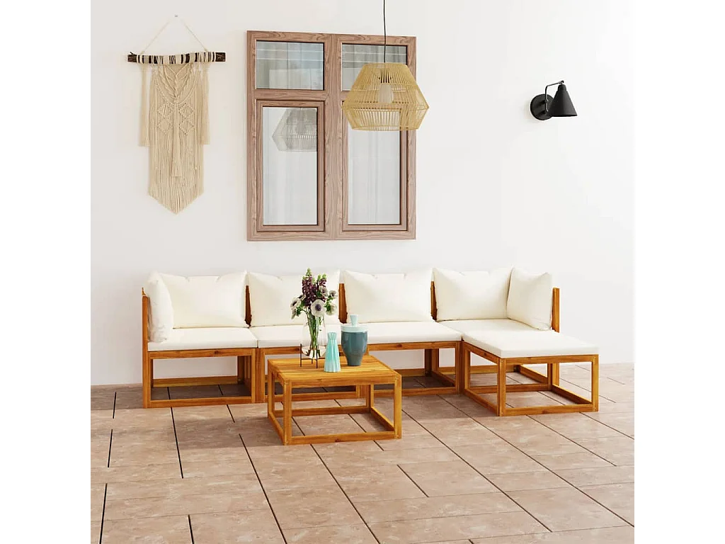 Salon de jardin 6 pièces avec coussin Crème Bois d'acacia solide