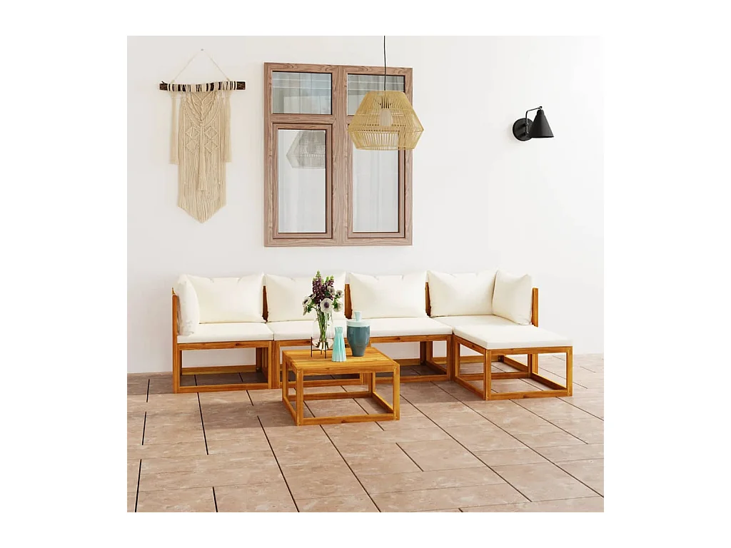 Salon de jardin 6 pièces avec coussin Crème Bois d'acacia solide