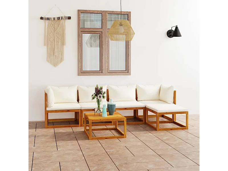 Muebles de jardín 6 piezas cojines crema madera maciza de acacia