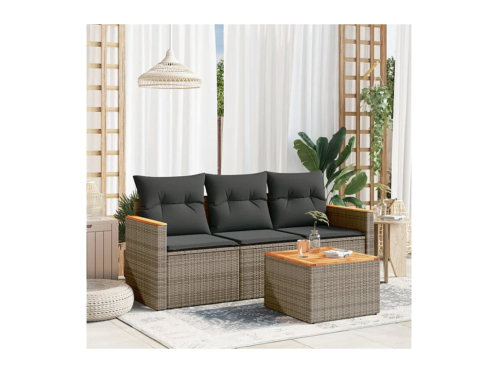 Set de sofás de jardín 4 piezas y cojines ratán sintético gris