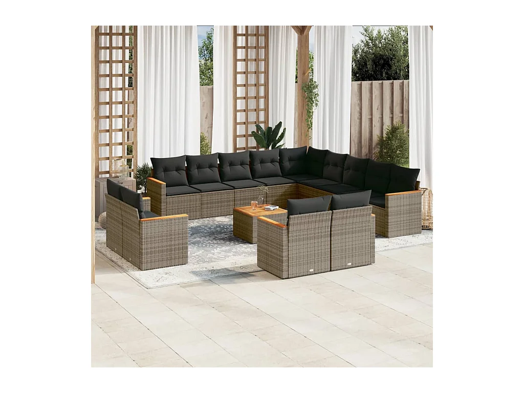 Salon de jardin avec coussins 14 pièces gris résine tressée