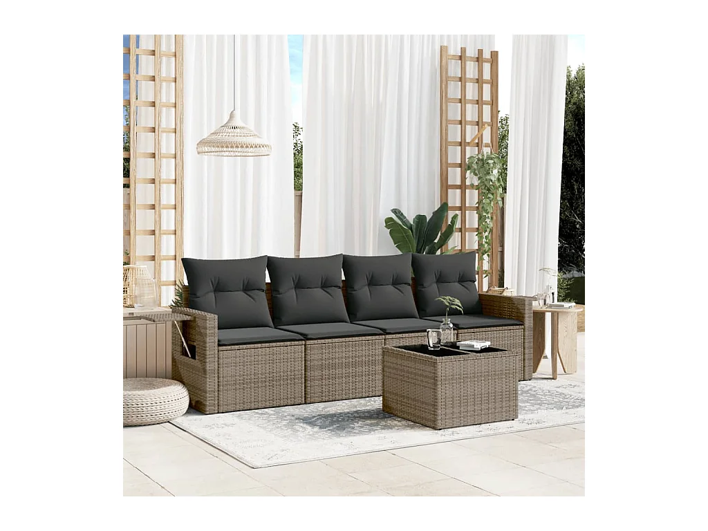 Salon de jardin 5 pièces avec coussins gris résine tressée