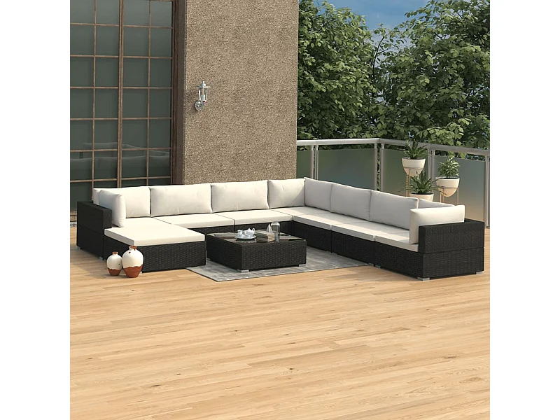 9 peças conjunto lounge de jardim c/ almofadões vime PE preto