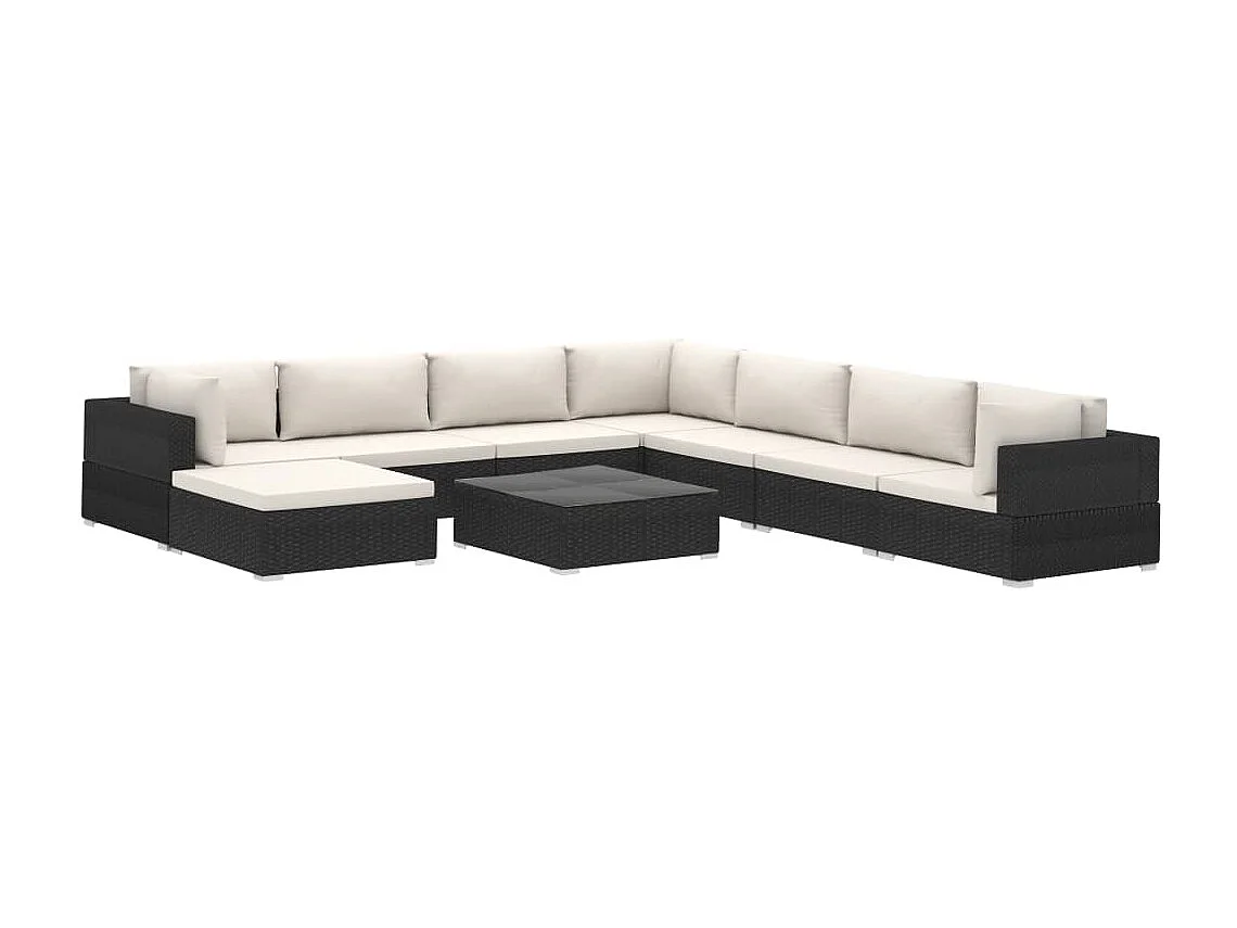 Set de muebles de jardín 9 piezas y cojines ratán sintético negro
