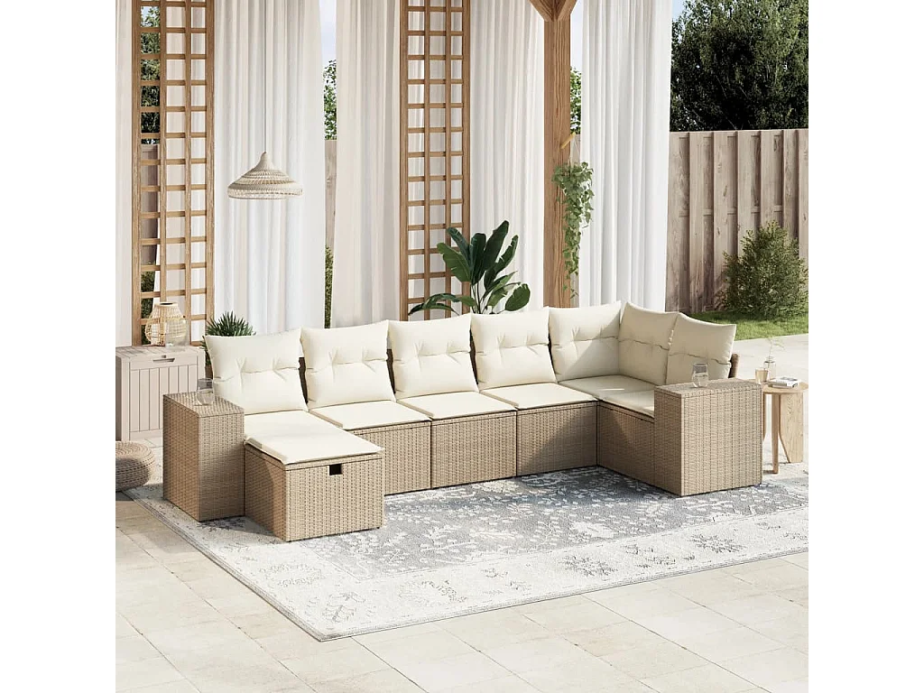 Set sofás de jardín 7 piezas y cojines ratán sintético beige