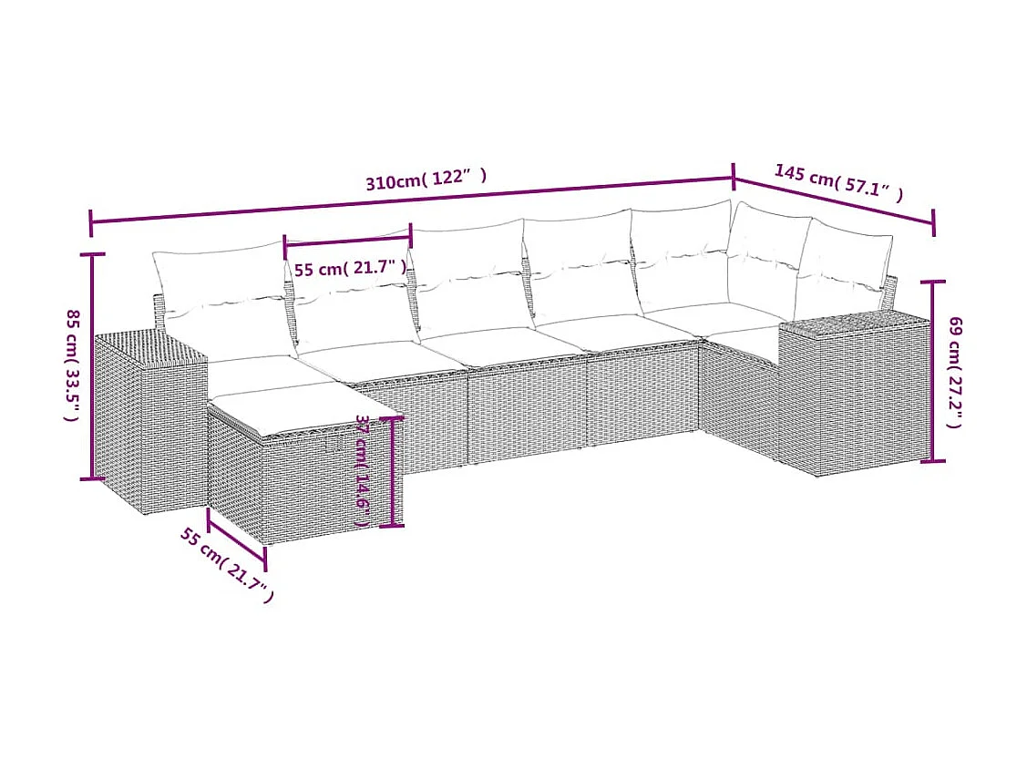 Set sofás de jardín 7 piezas y cojines ratán sintético beige