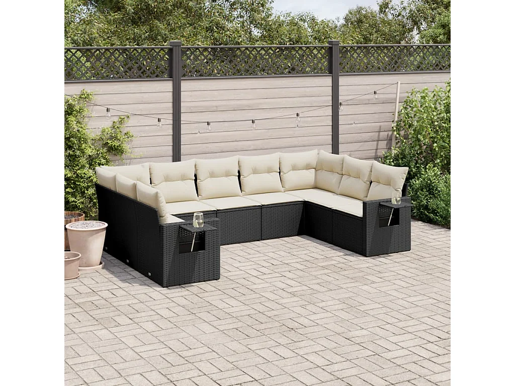 9-delige Loungeset met kussens poly rattan zwart