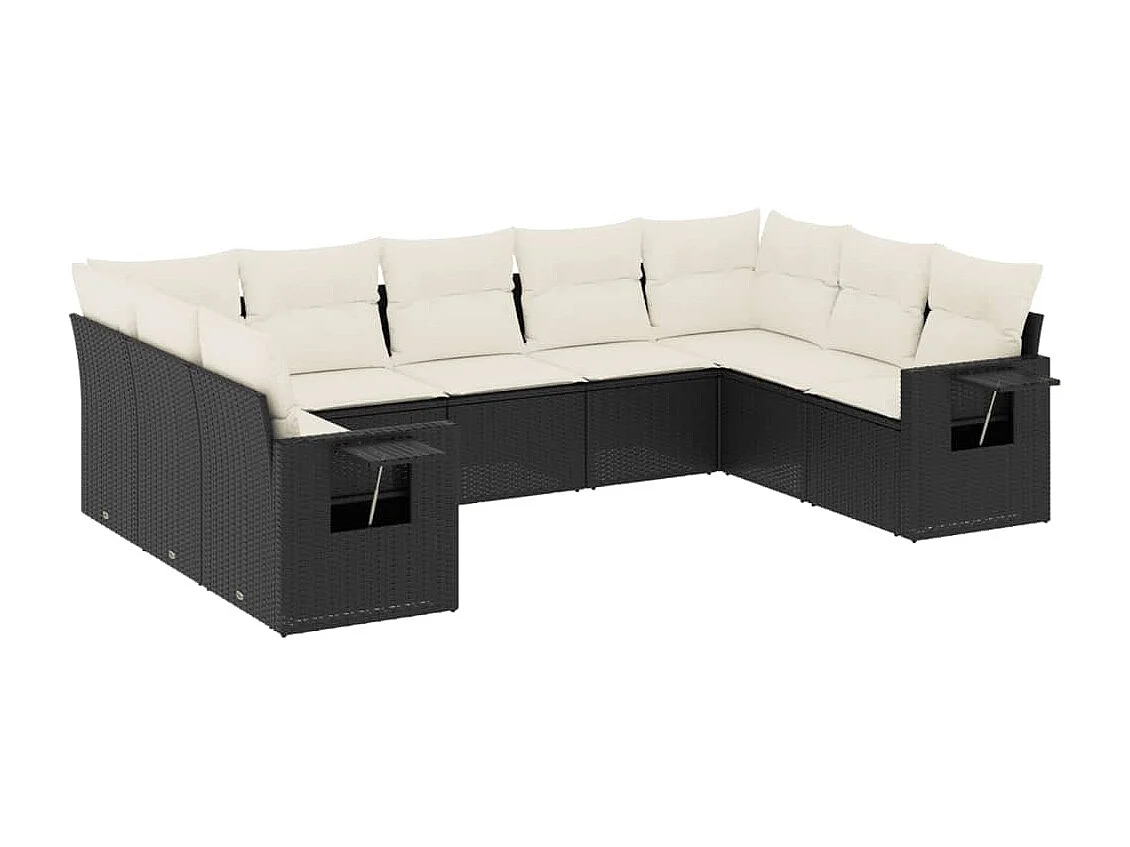 9-delige Loungeset met kussens poly rattan zwart