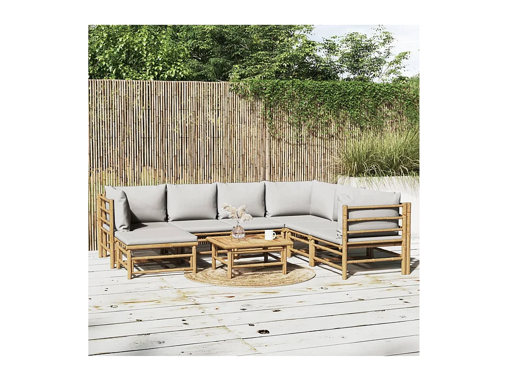 Salon de jardin 8 pièces avec coussins gris clair bambou