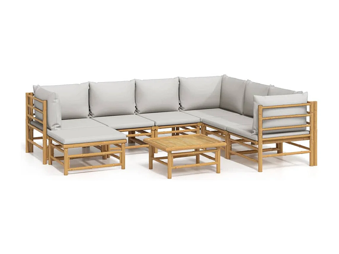 Set de muebles de jardín 8 piezas bambú y cojines gris claro