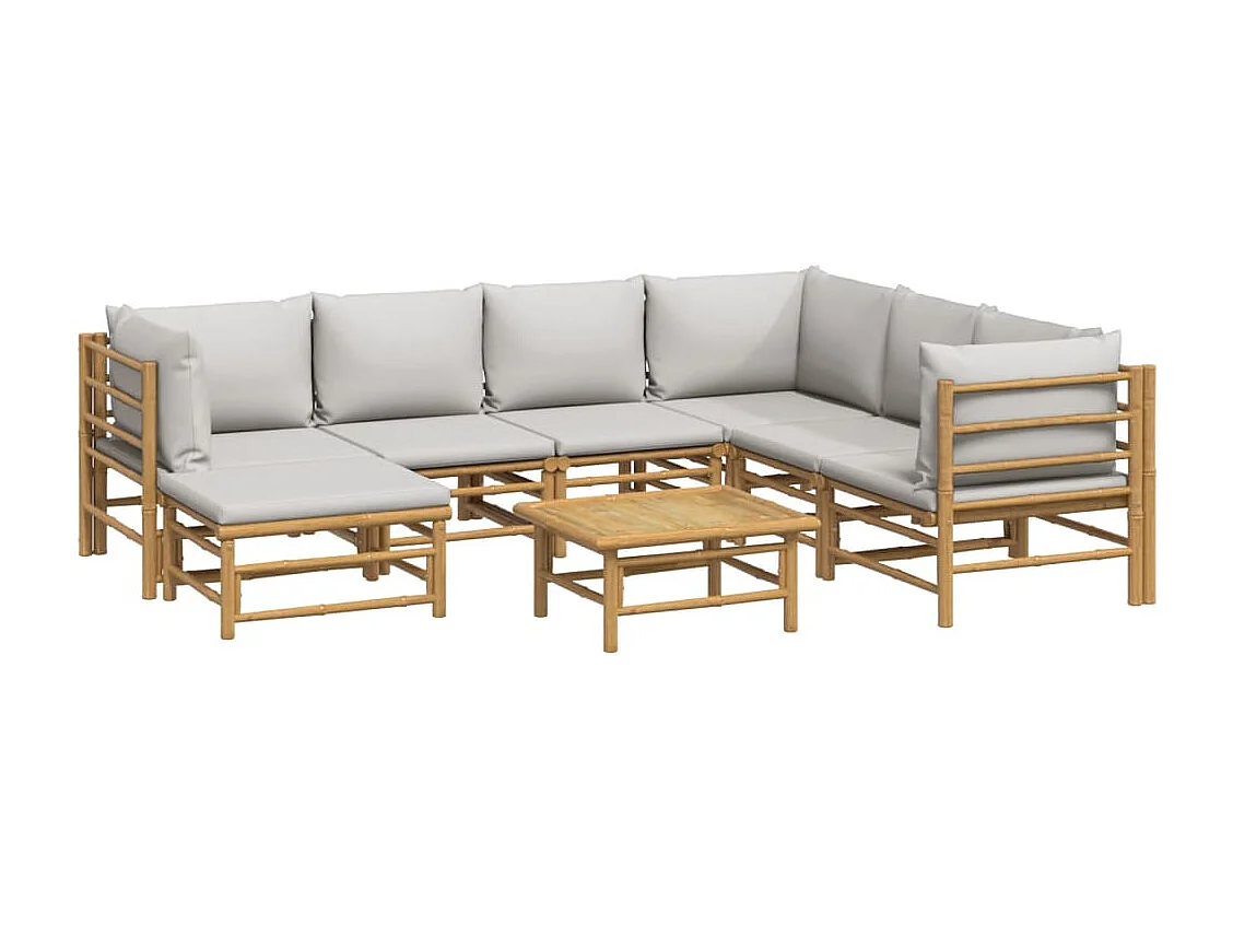 Set de muebles de jardín 8 piezas bambú y cojines gris claro