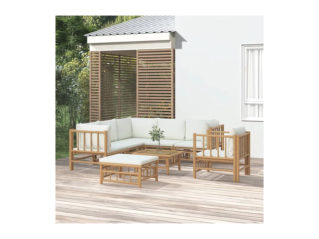 Salon de jardin 8 pièces avec coussins blanc crème bambou