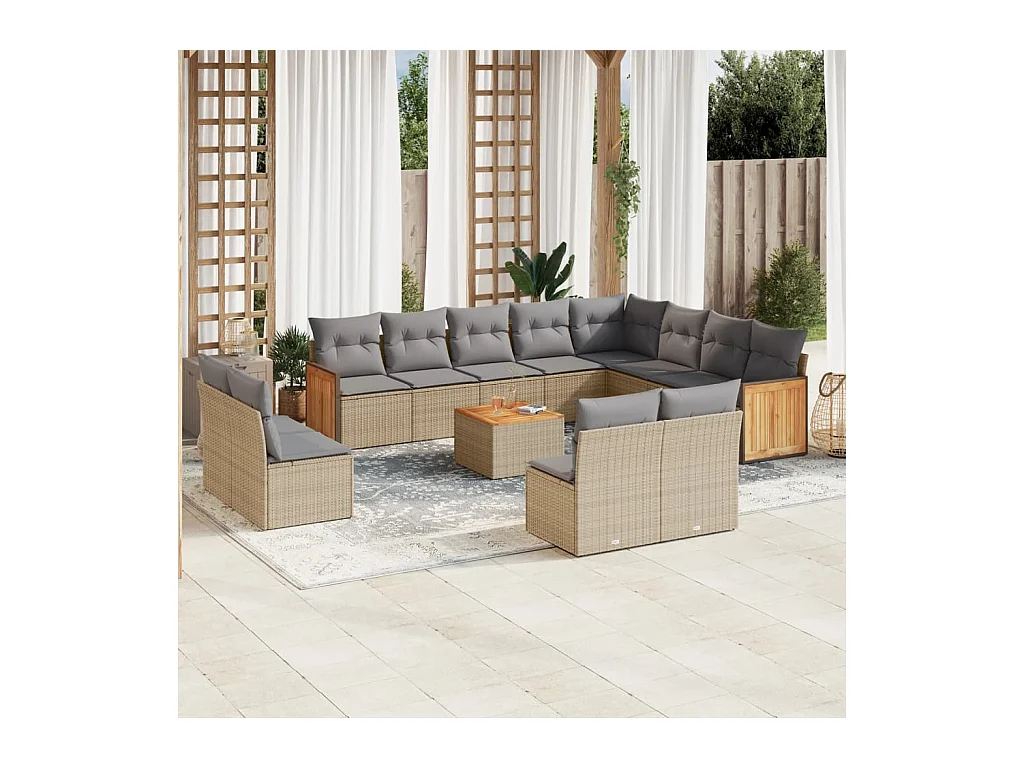 Salon de jardin avec coussins 13 pièces beige résine tressée