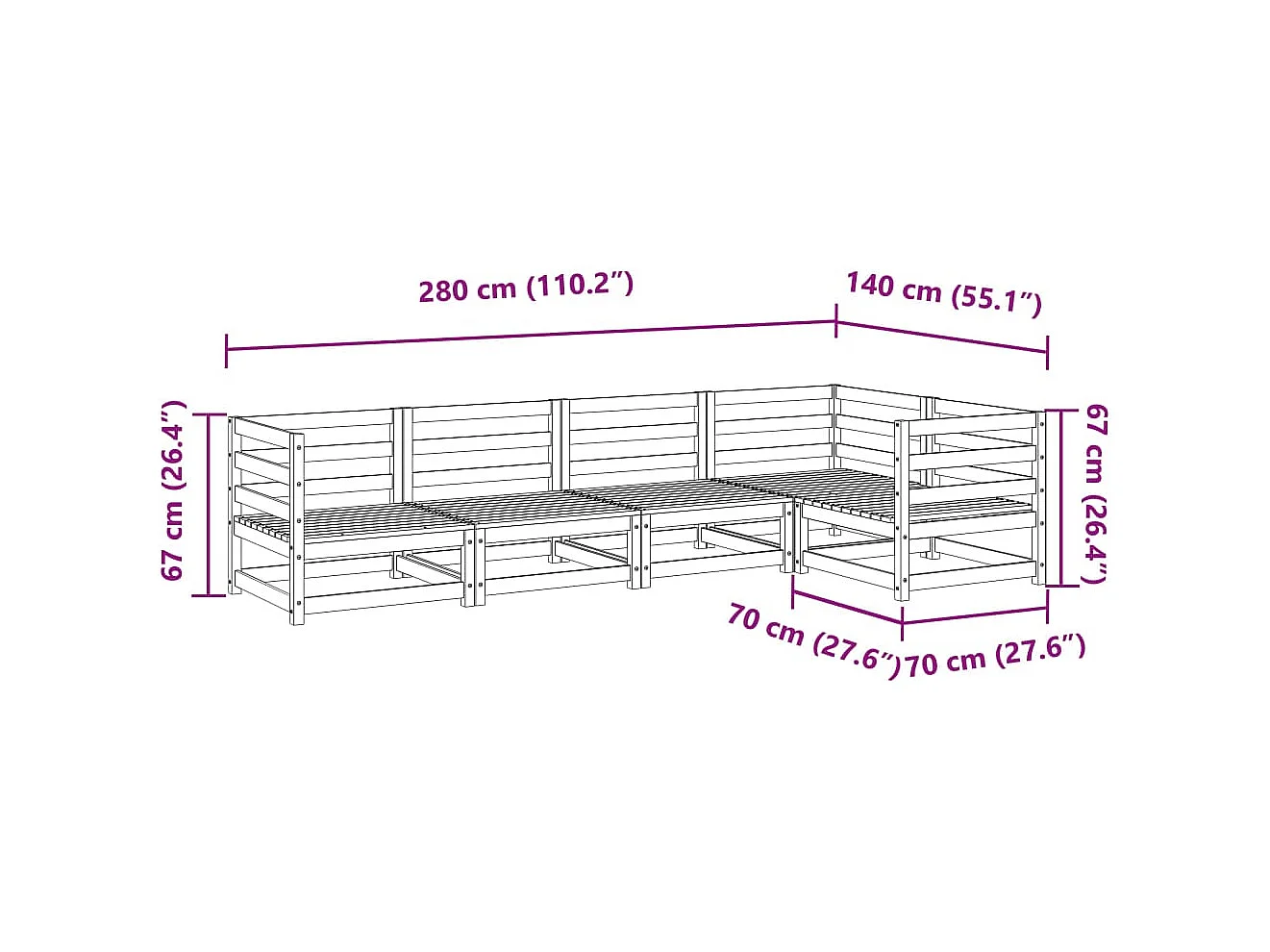 Salon de jardin 5 pièces bois de pin massif