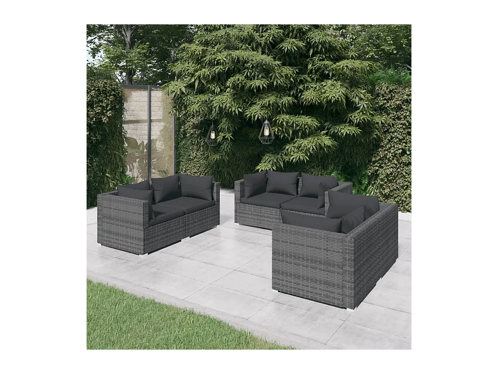 6-delige Loungeset met kussens poly rattan grijs