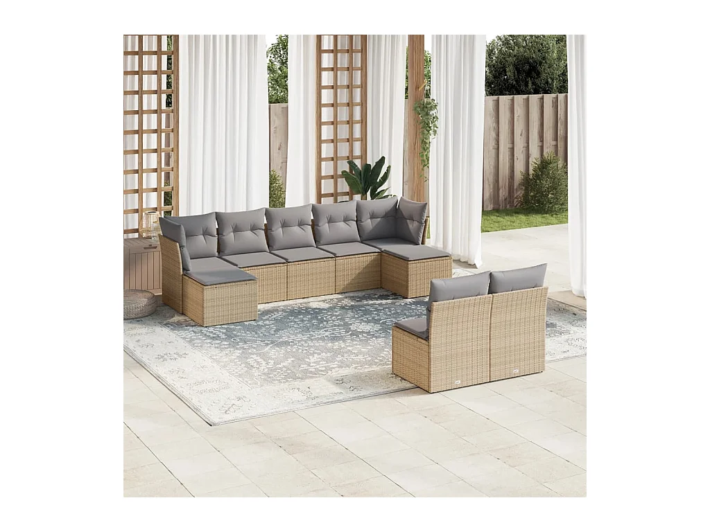 9 peças conjunto de sofás p/ jardim com almofadões vime PE bege