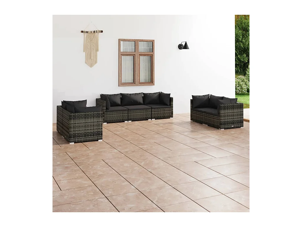 Salon de jardin 7 pièces avec coussins Résine tressée Gris