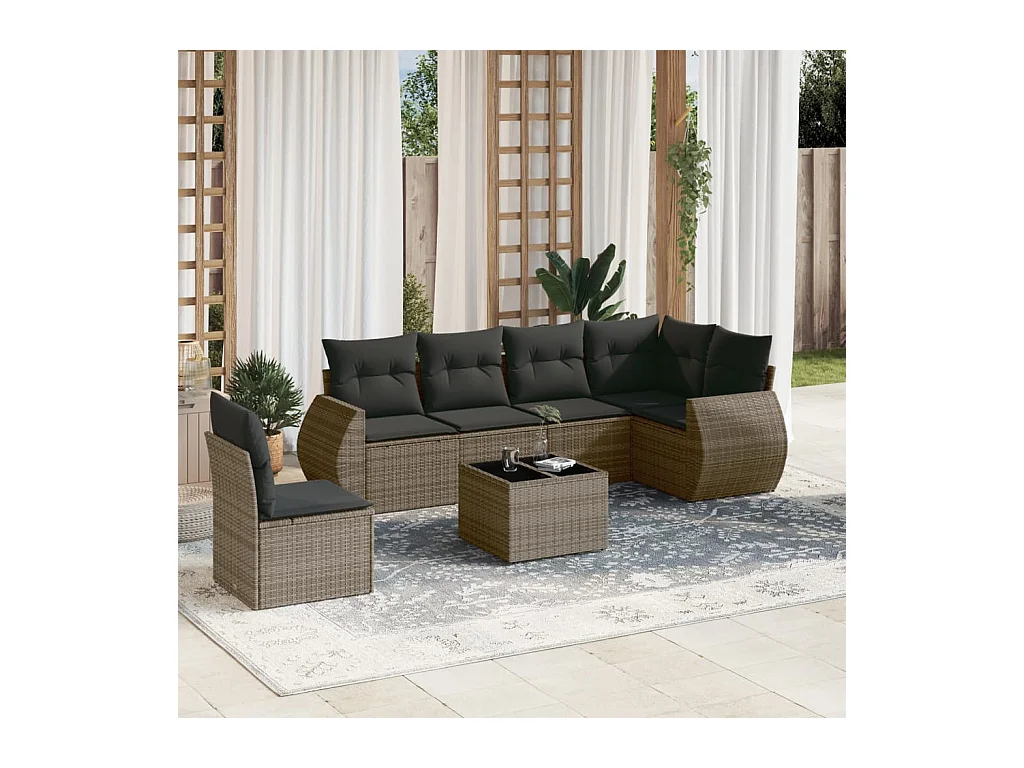 7-delige Loungeset met kussens poly rattan grijs