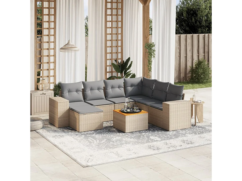 Salon de jardin avec coussins 8 pièces beige résine tressée