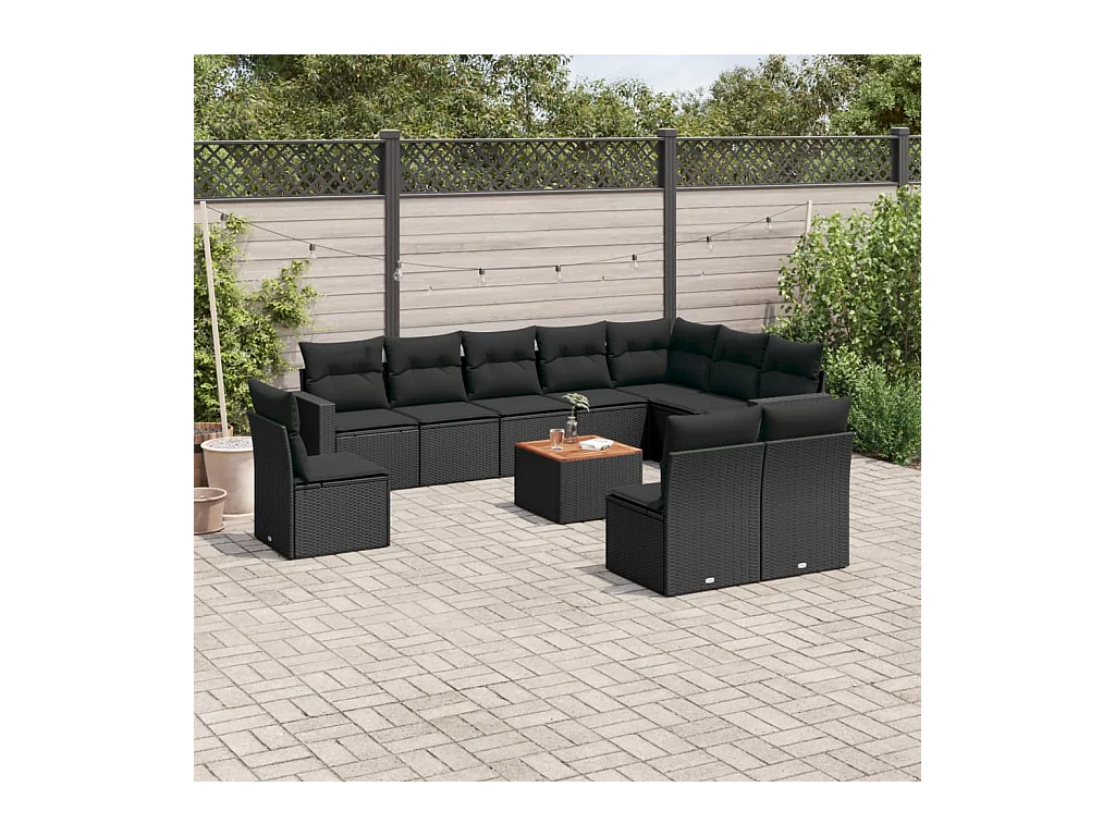 Salon de jardin 11 pièces avec coussins noir résine tressée