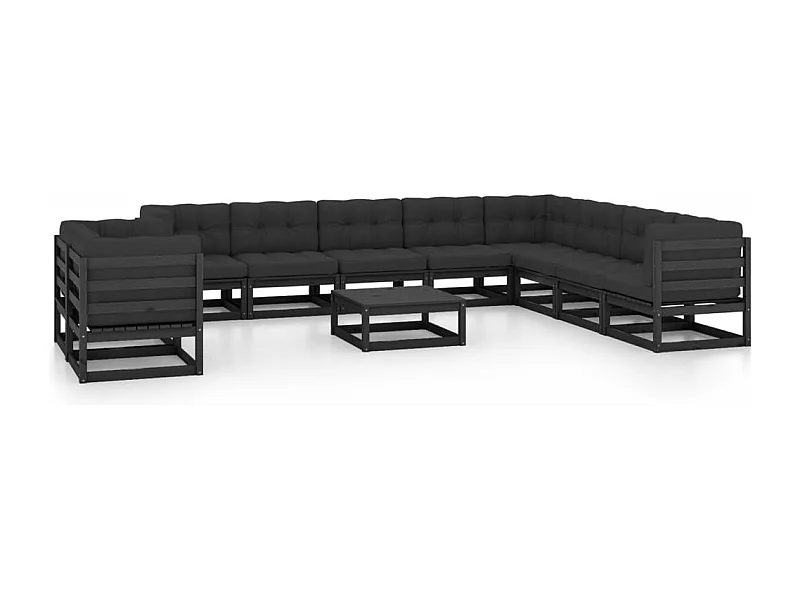 11 peças conjunto longue jardim c/ almofadões pinho maciço preto