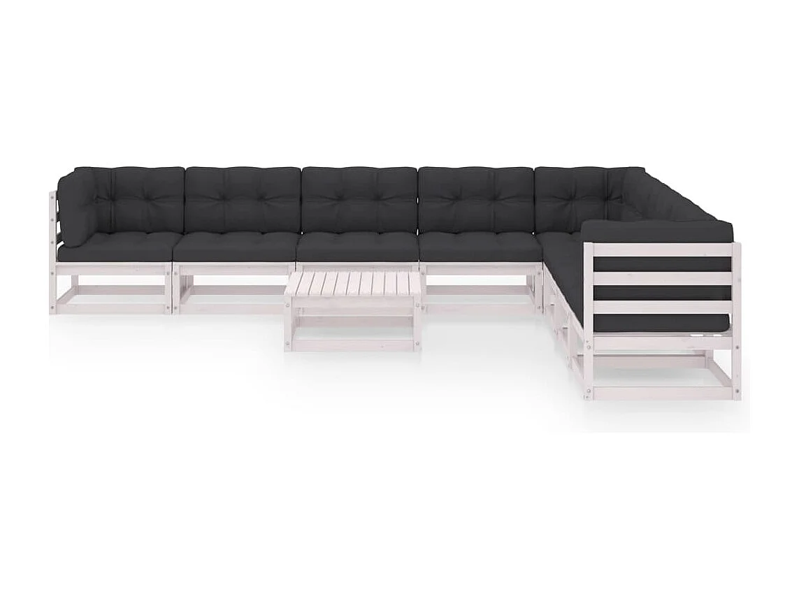 Salon de jardin 9 pièces avec coussins Blanc Bois de pin massif