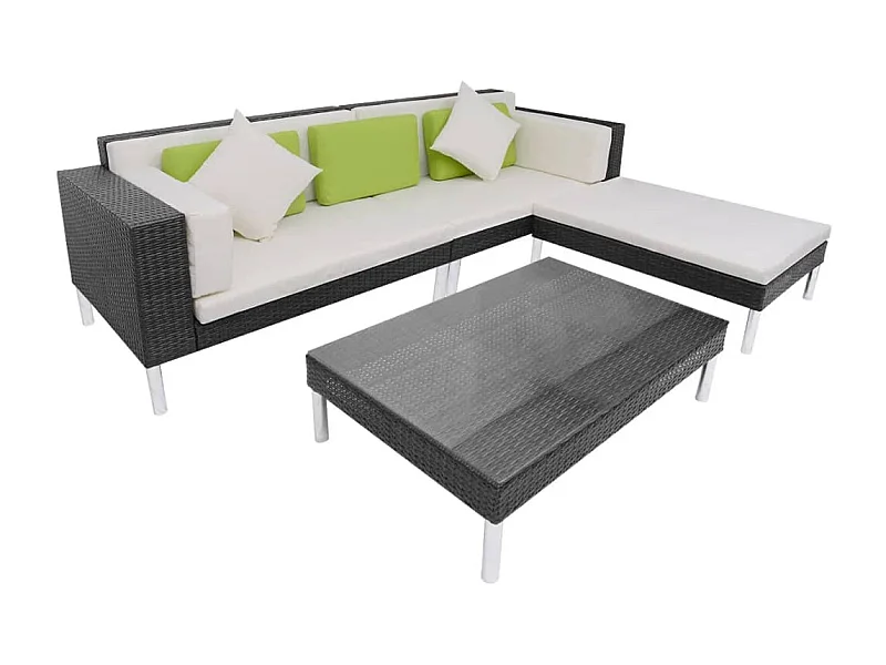 4 peças conjunto lounge de jardim c/ almofadões vime PE preto