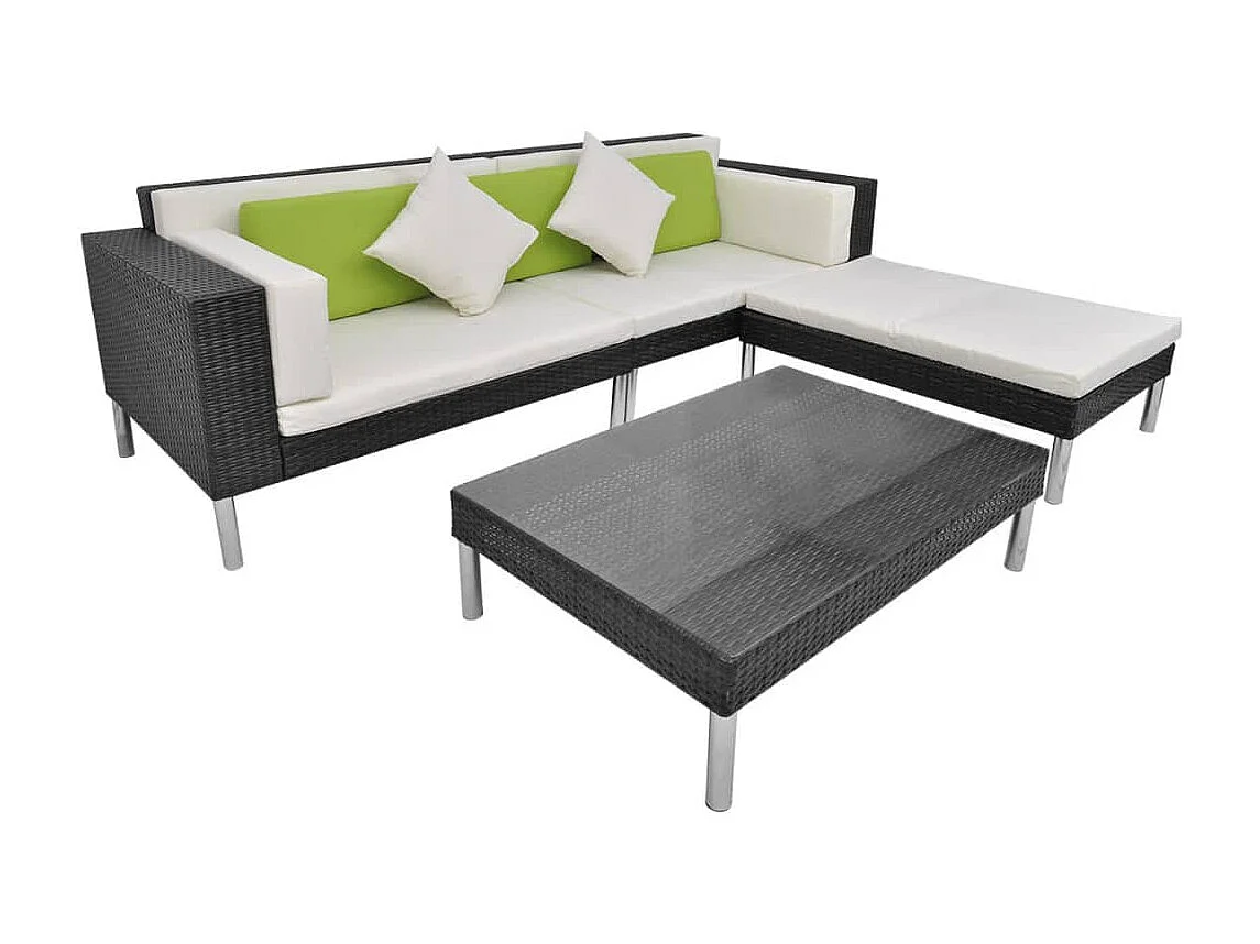 4 peças conjunto lounge de jardim c/ almofadões vime PE preto