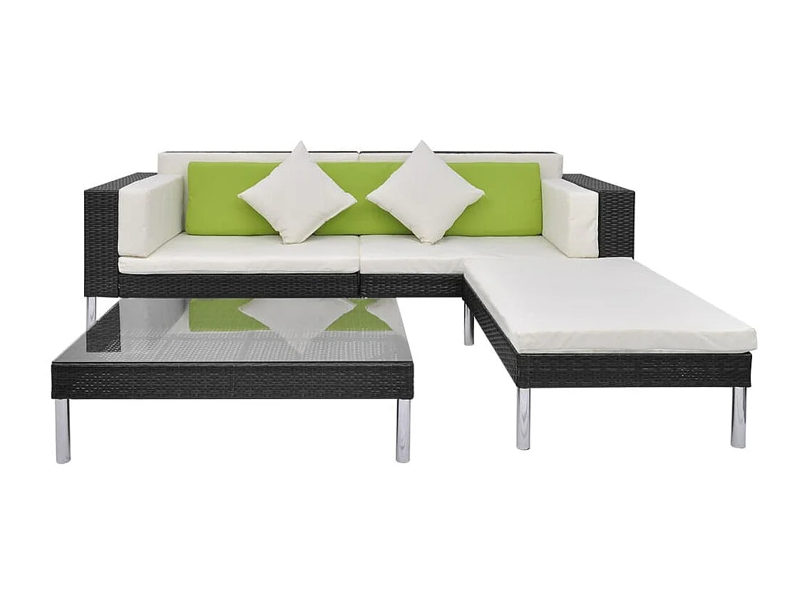4 peças conjunto lounge de jardim c/ almofadões vime PE preto