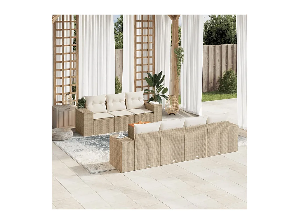 Salon de jardin avec coussins 8 pièces beige résine tressée