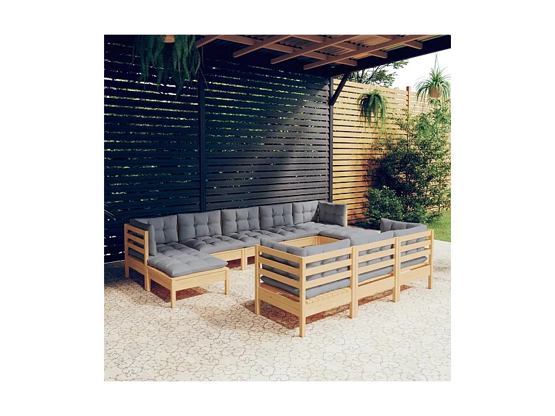 10-delige Loungeset met grijze kussens massief grenenhout