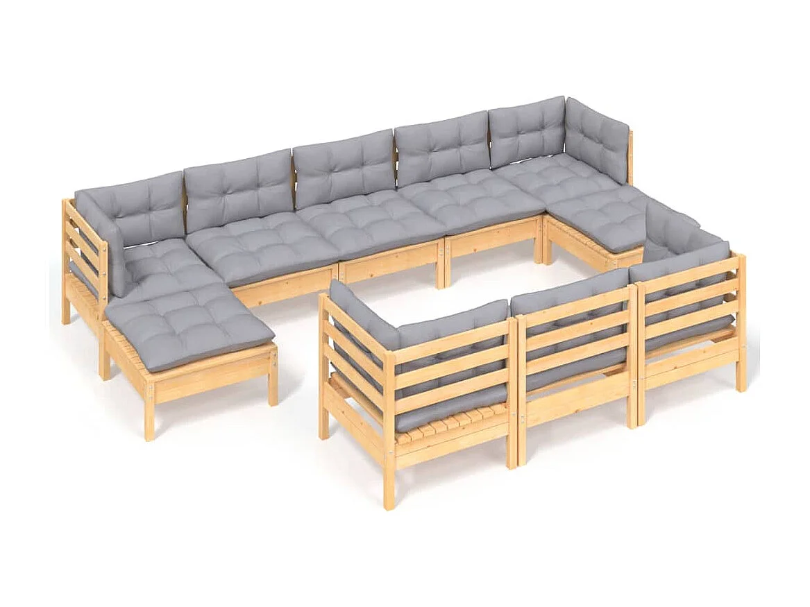10peças conjunto lounge de jardim + almofadões cinza pinho maciço