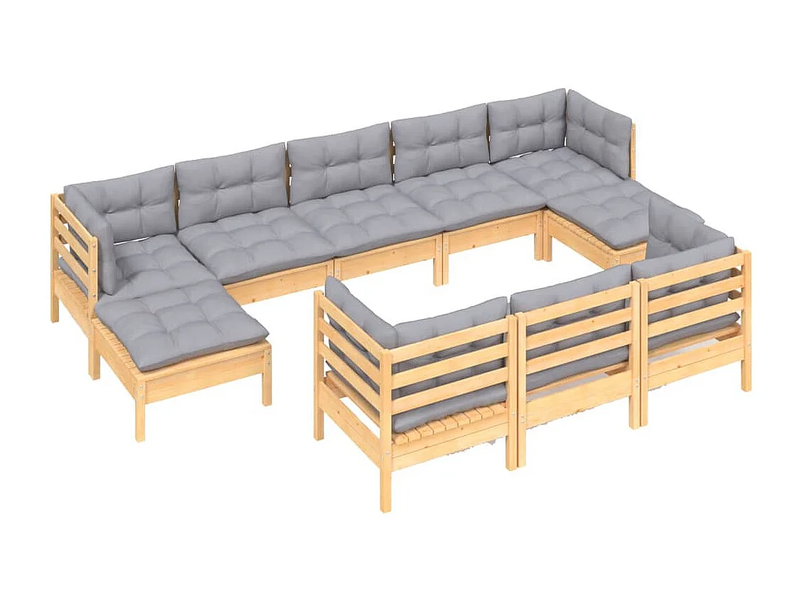 10-delige Loungeset met grijze kussens massief grenenhout