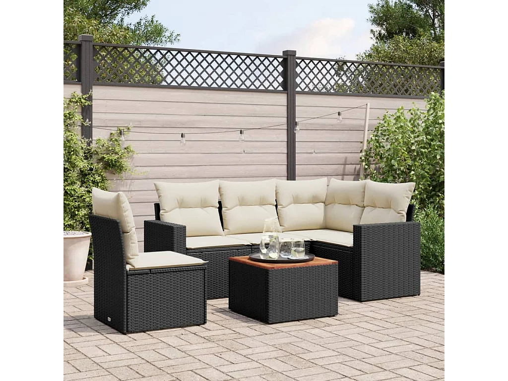 Set de sofás de jardín 6 piezas y cojines ratán sintético negro