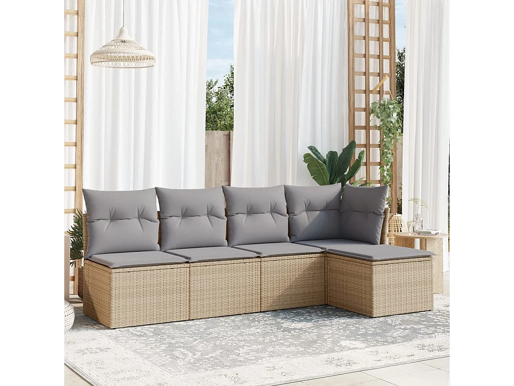 5 peças conjunto de sofás p/ jardim com almofadões vime PE bege