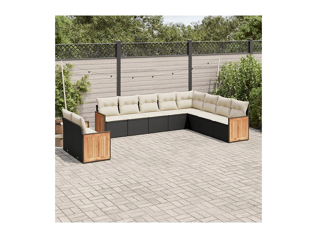 Salon de jardin 10 pièces avec coussins noir résine tressée
