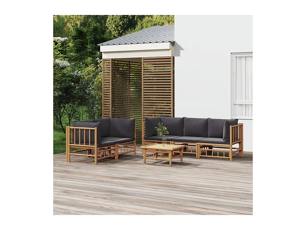 Salon de jardin 6 pièces avec coussins gris foncé bambou