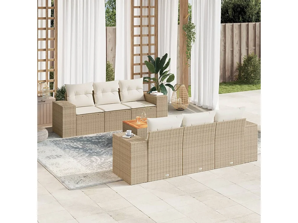 7-delige Loungeset met kussens poly rattan beige