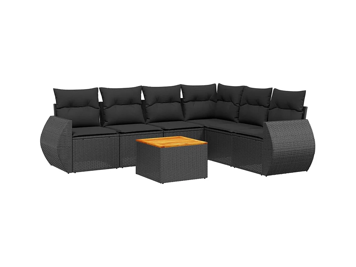 Set de comedor de jardín 7 piezas y cojines ratán sintético negro