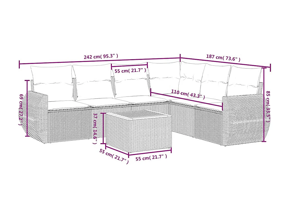 Set de comedor de jardín 7 piezas y cojines ratán sintético negro