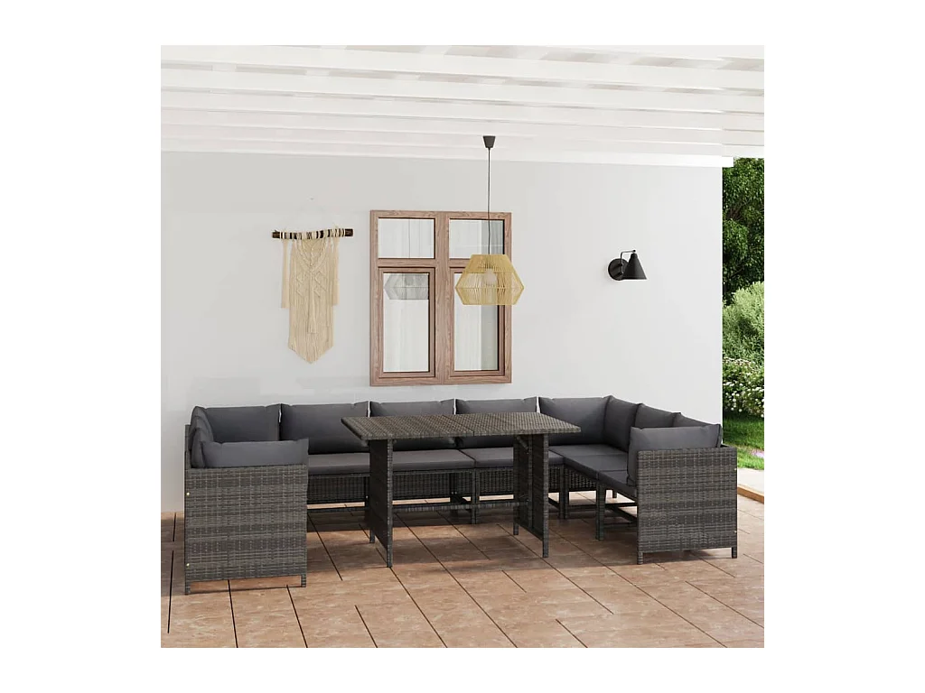 Salon de jardin 10 pièces avec coussins Résine tressée Gris