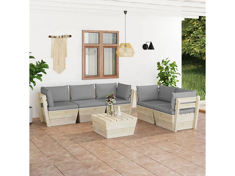 Salon de jardin palette 6 pièces avec coussins Épicéa imprégné