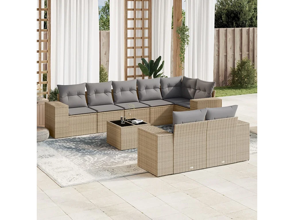 Salon de jardin avec coussins 9 pièces beige résine tressée