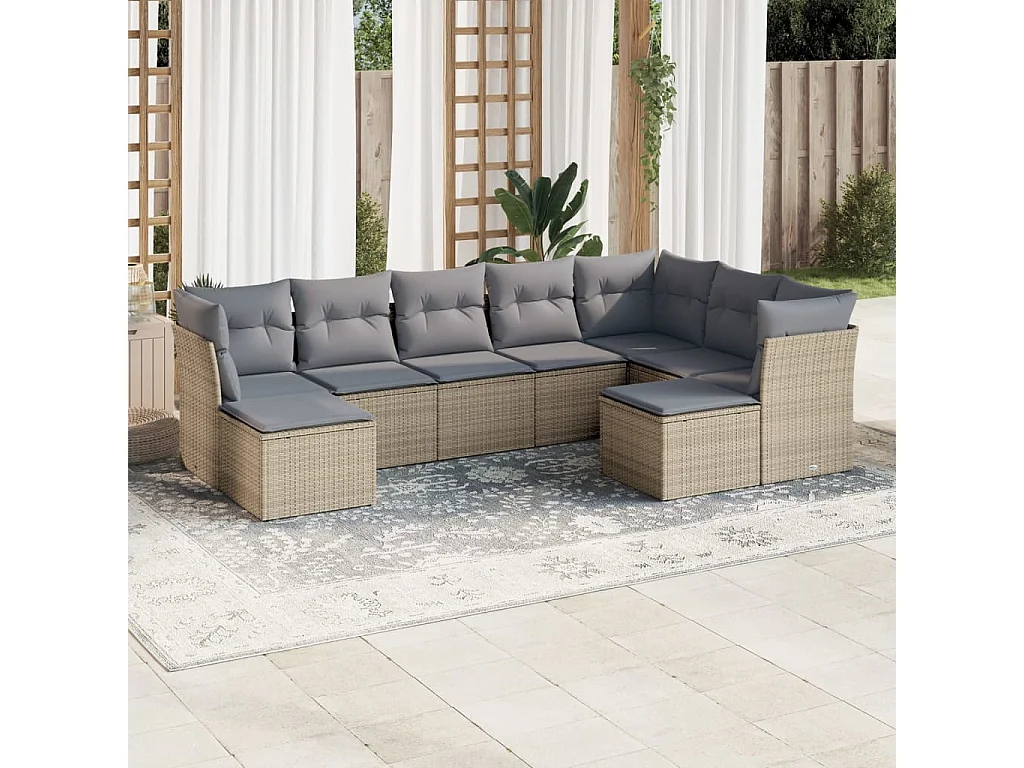 9 peças conjunto de sofás p/ jardim com almofadões vime PE bege