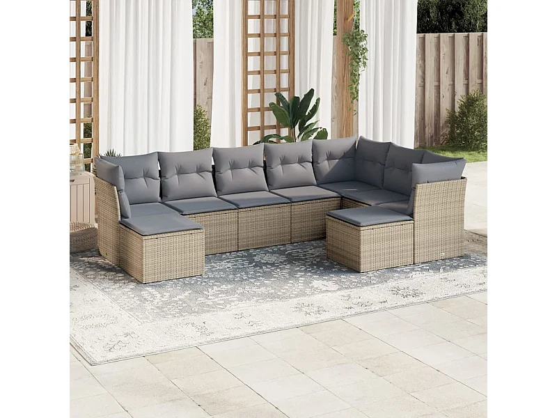 9 peças conjunto de sofás p/ jardim com almofadões vime PE bege