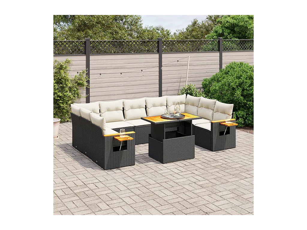 Salon de jardin 10 pièces avec coussins noir résine tressée