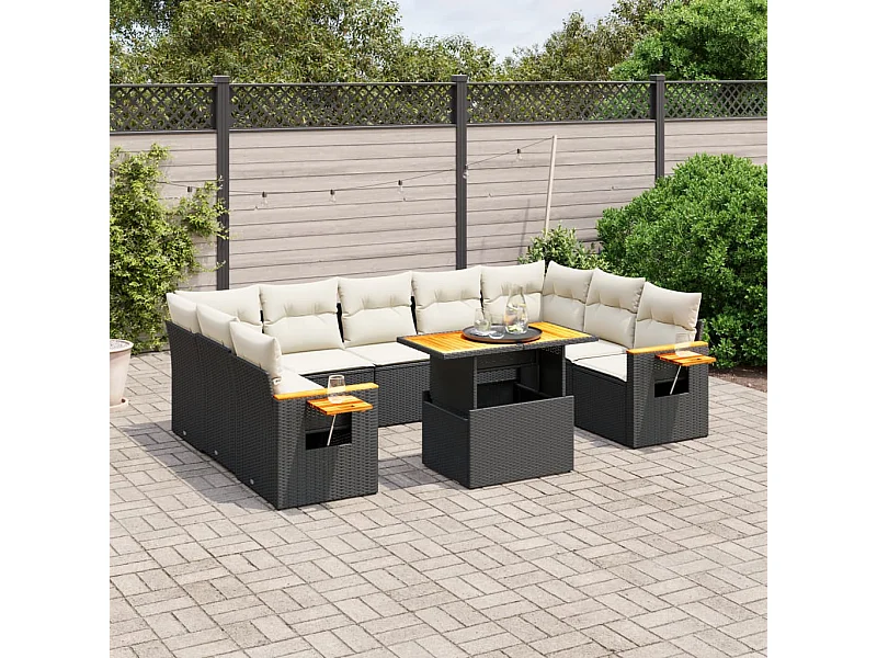 Salon de jardin 10 pièces avec coussins noir résine tressée