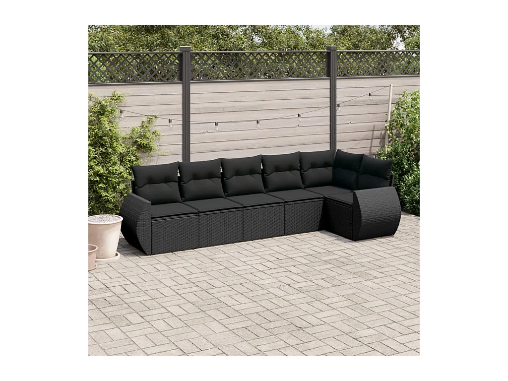 Set de sofás de jardín 6 piezas y cojines ratán sintético negro